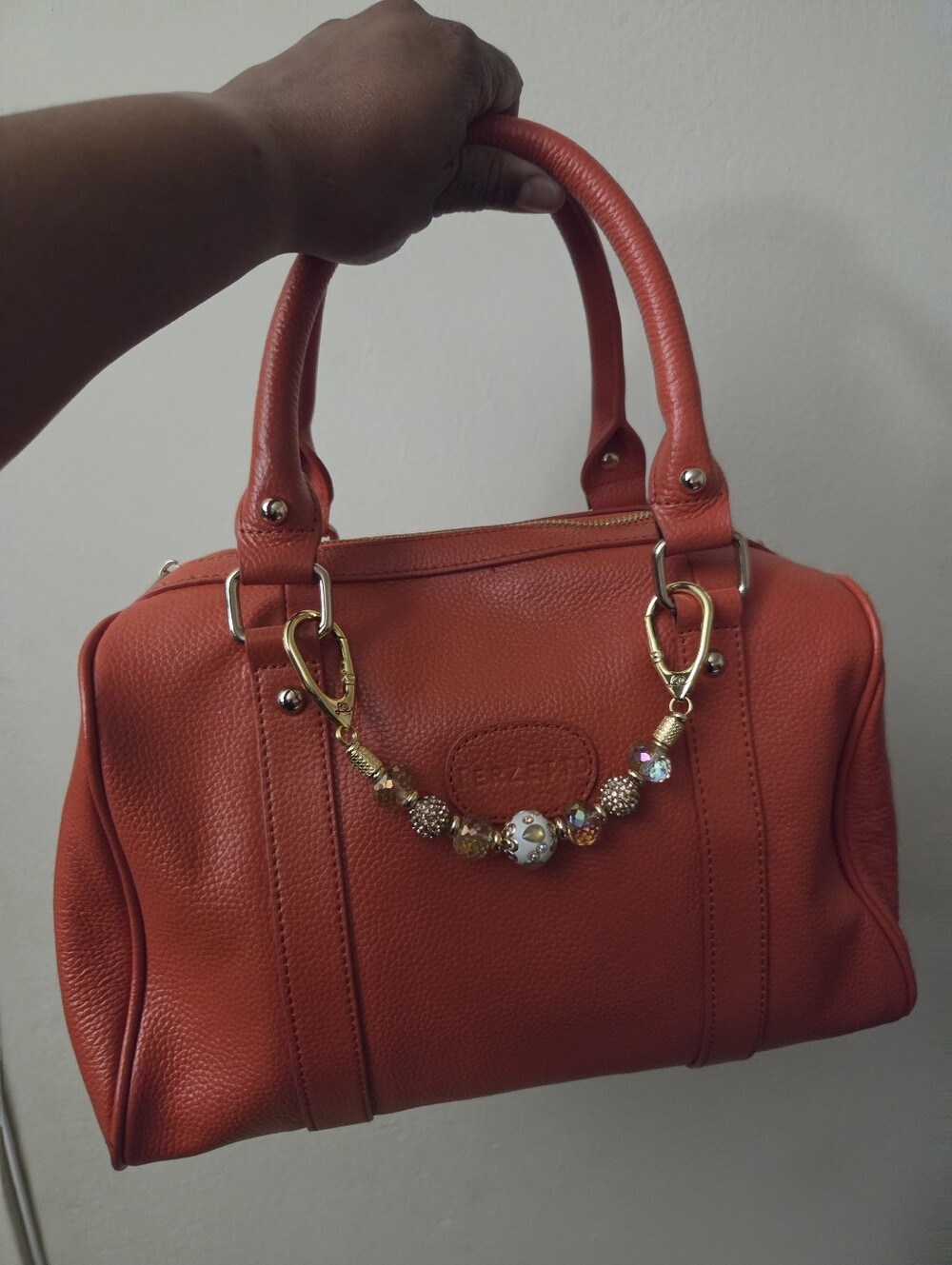 Terzetto Vibrant Orange Pebbled Leather Barrel Satchel Bag Charm Not Incl.